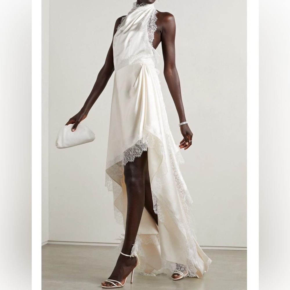 Danielle Frankel Carrie Lace Trimmed Wool and Silk-Blend Charmeuse Gown